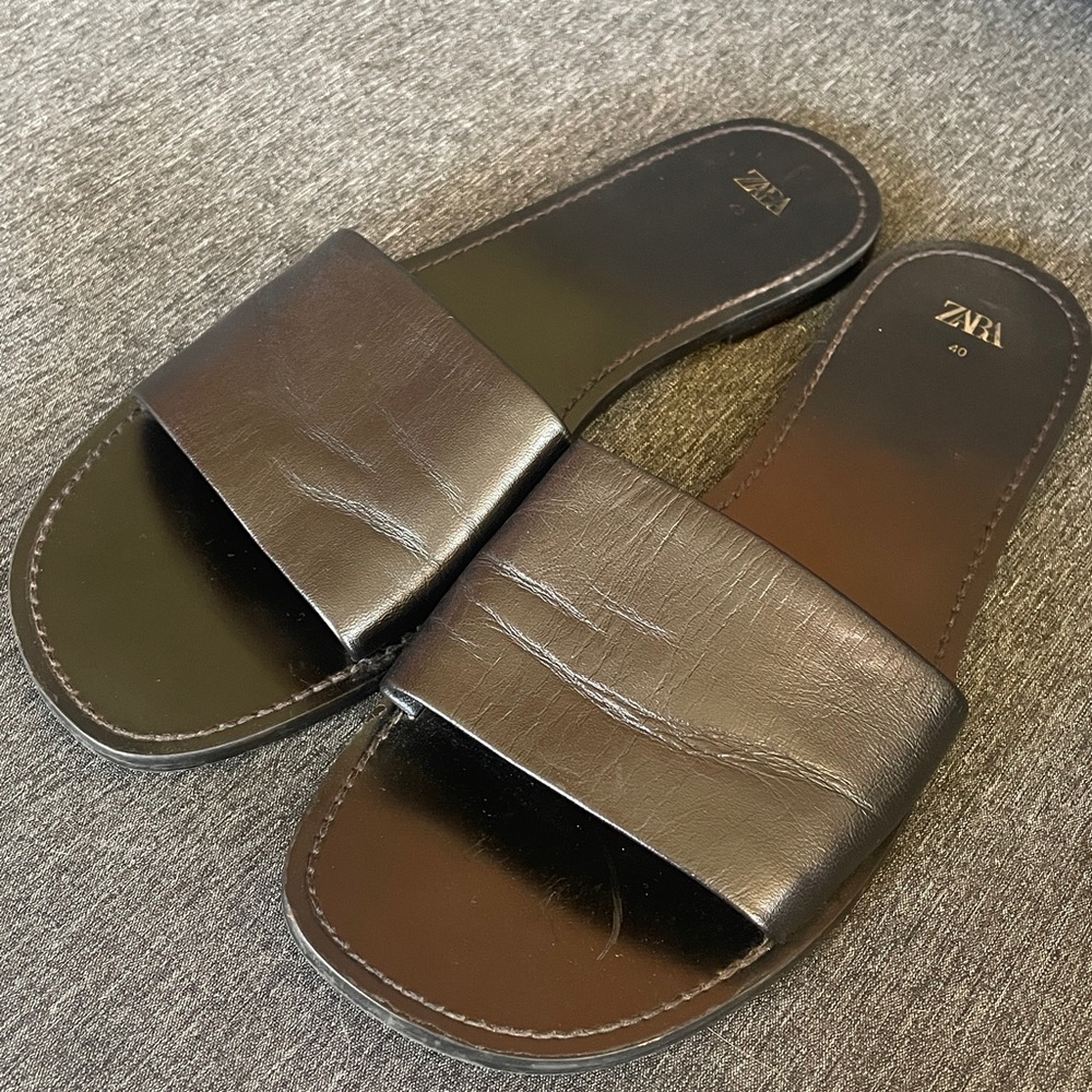 ZARA super minimalistic slides sandals flats black leather EU 40 US 9,5 - Picture 6 of 10